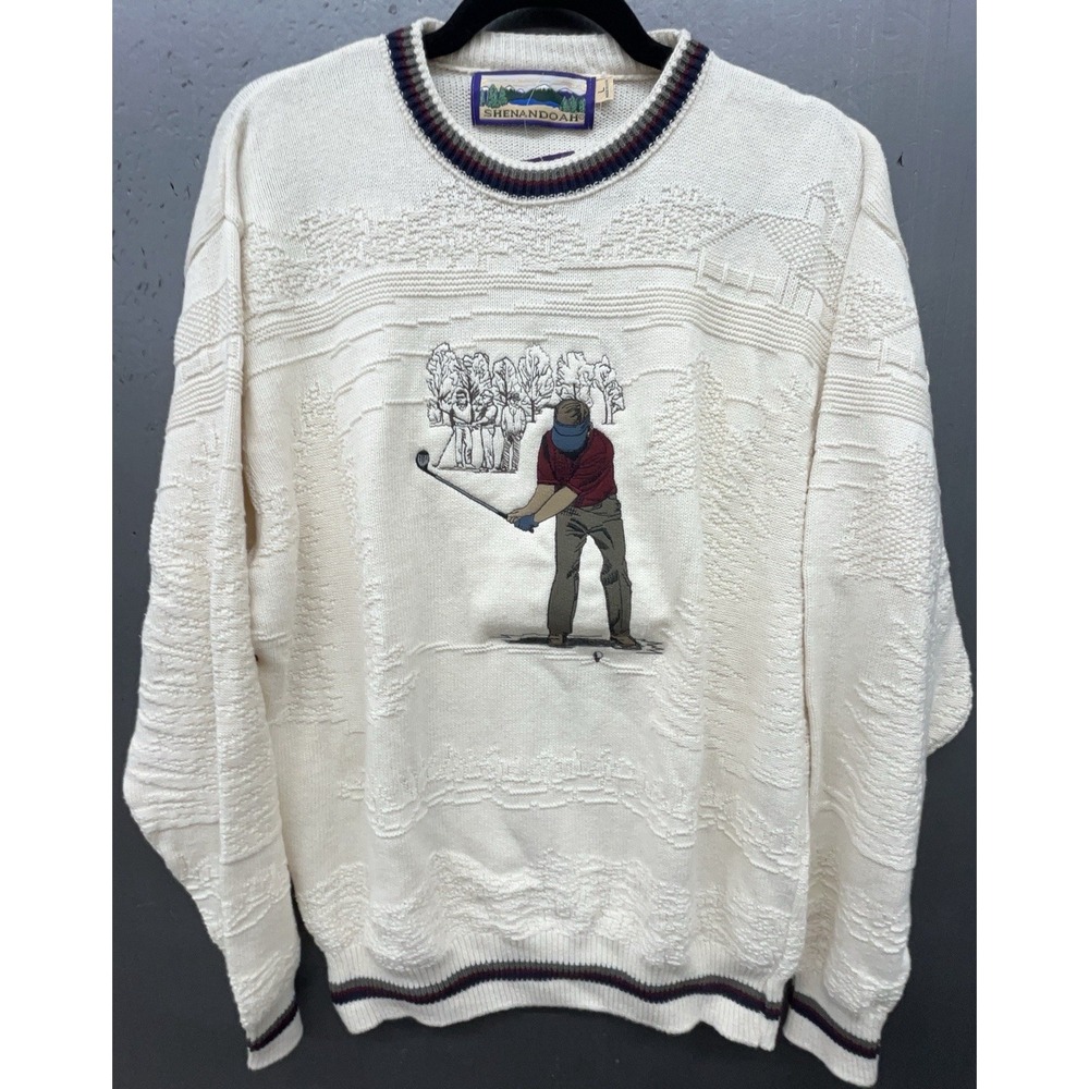 Shenandoah Golf Sweater Men L Ivory Embroidered Knit Crew Neck Vtg 90s New USA